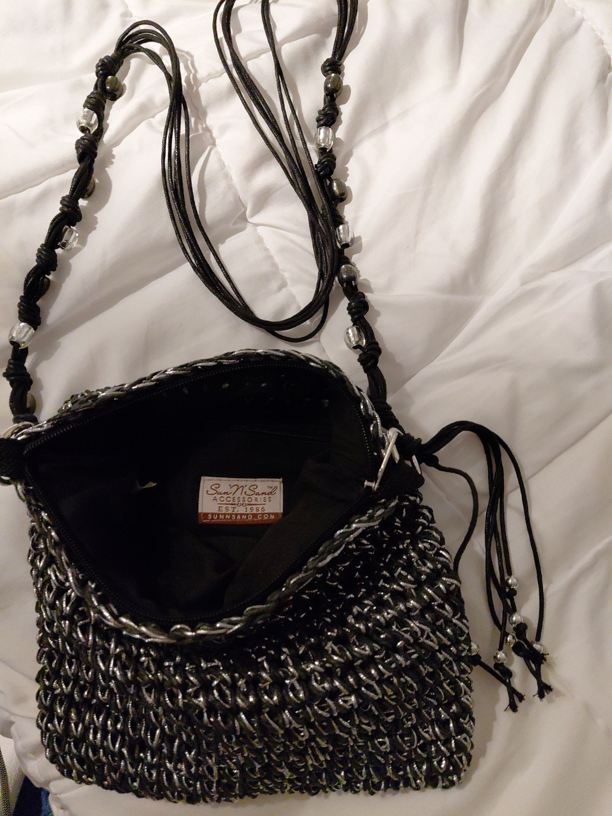 Sun’N’Sand Black and Silver Woven Metallic Crossbody Purse Beaded Cord Strap