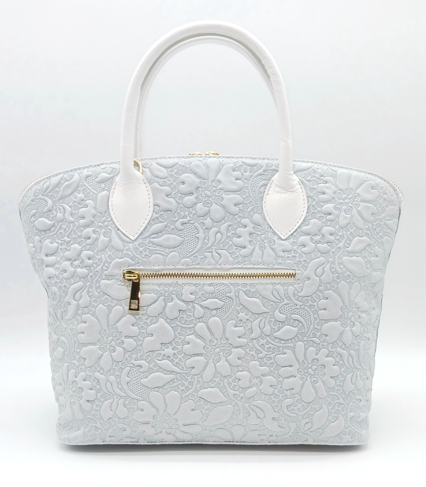 Light Gray Italian Genuine Leather Floral Embossed Handbag Satchel Made In Italy