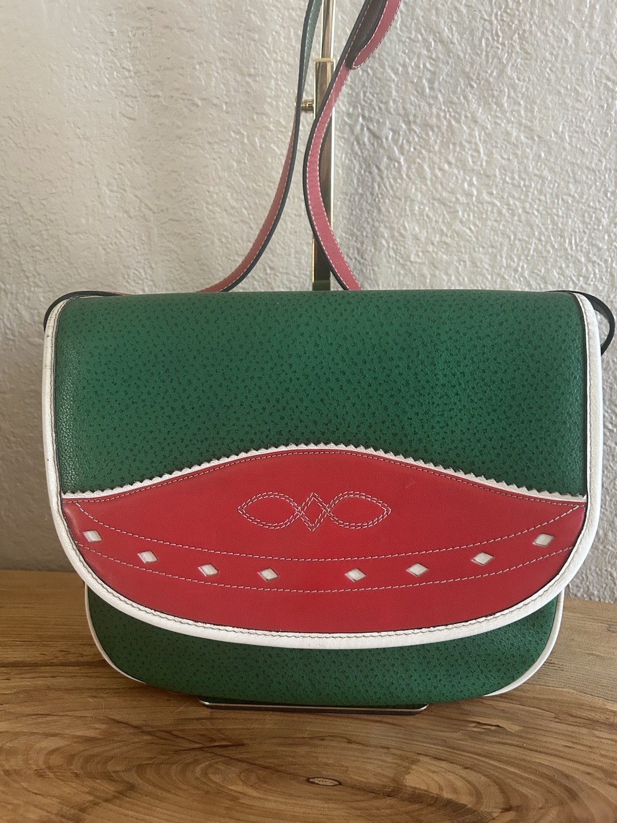 SALAR Milano Italian Leather Colorblock Saddle Shoulder Bag Red & Green
