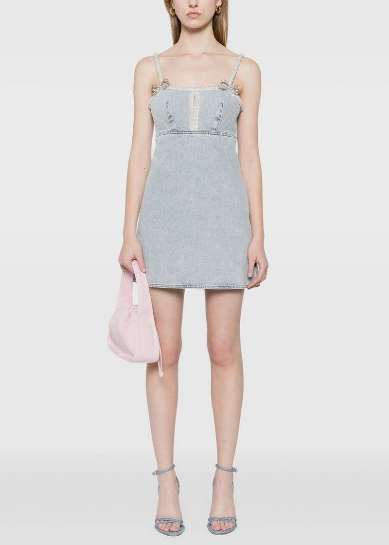 Self-Portrait LIGHT Denim RHINESTONE Pearl-Trim BOW Minidress CUTOUT SZ 8 NWT