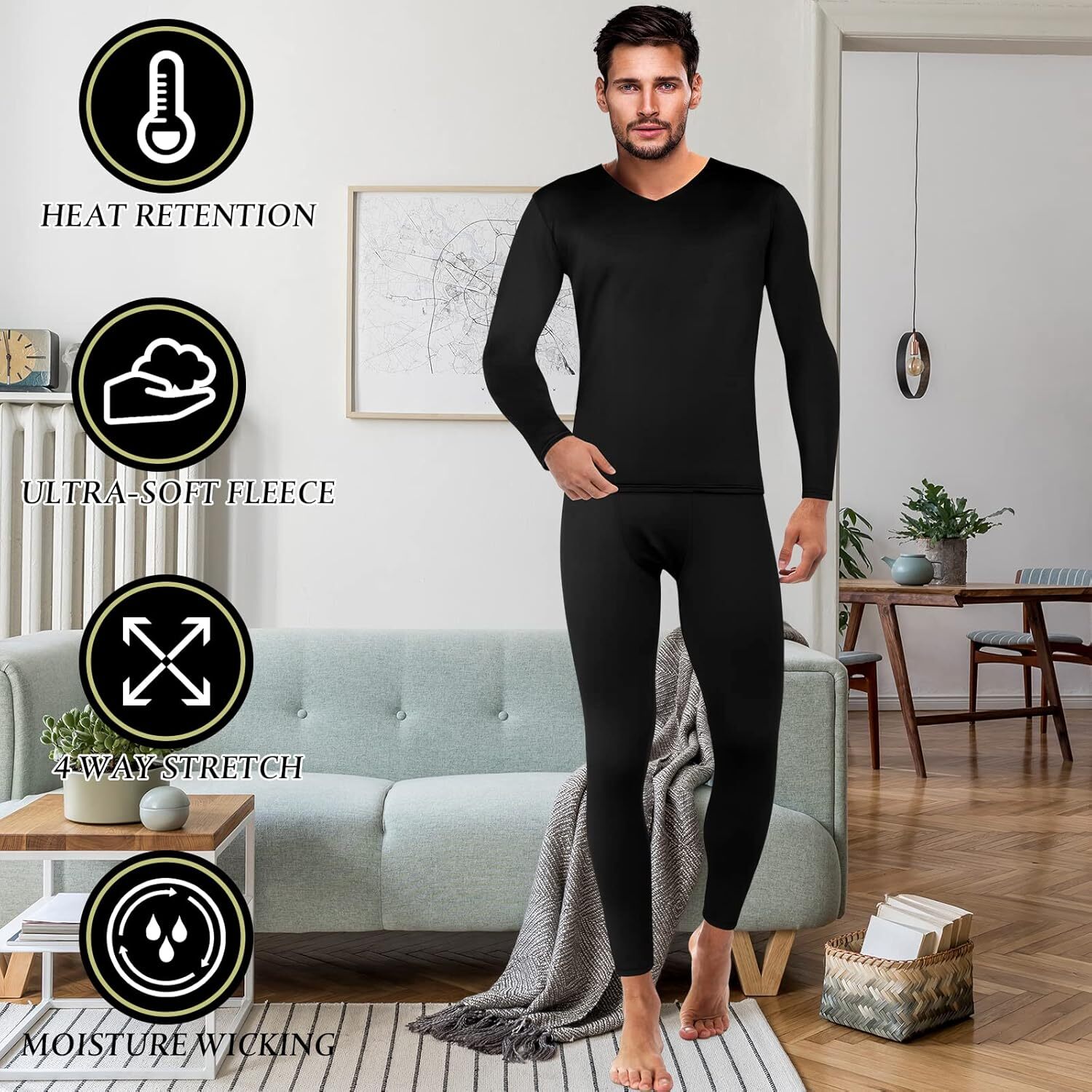 Mens Thermal Underwear Set Fleece Lined Soft Long Johns Base Layer Top & Bottom