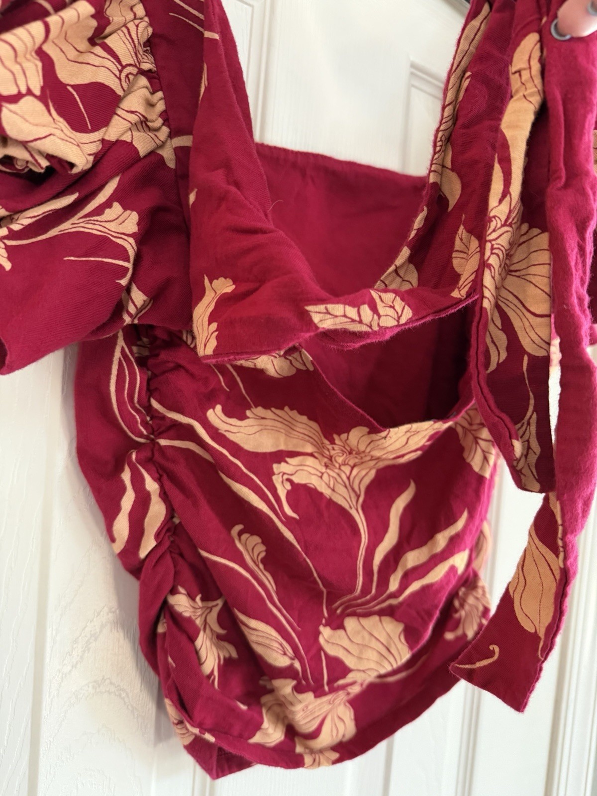 Express Women’s Red cream Floral Puff-Sleeve crop Top shirt S y2k square neck