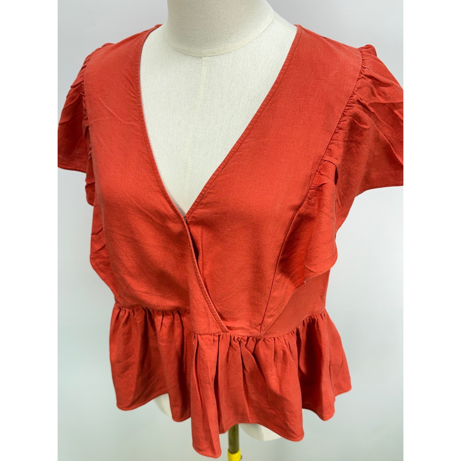 Madewell Ruffle Wrap Peplum Top Burnt Orange Linen Blend XS CKP454534629