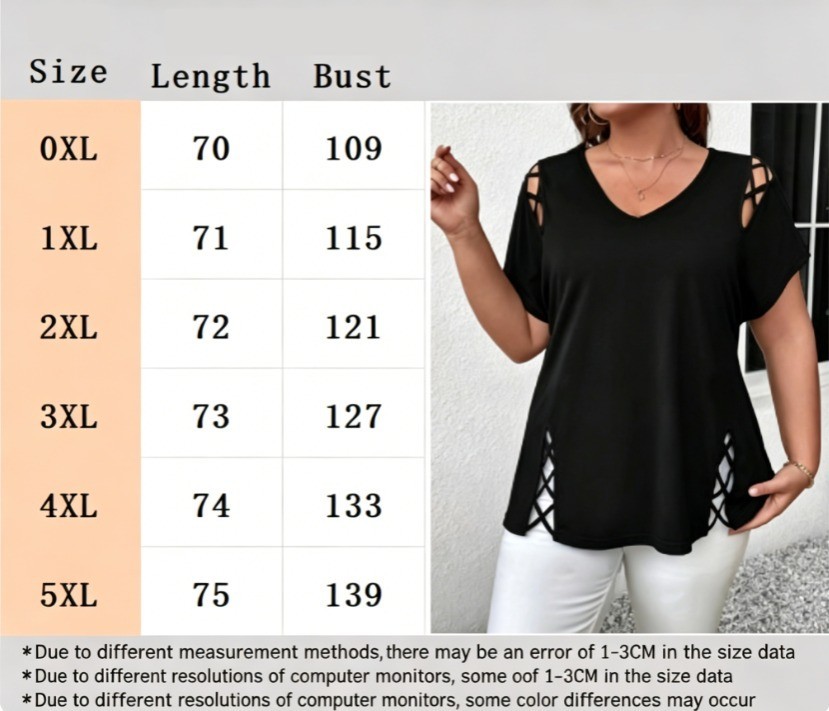 Plus Size V Neck Cutout Short Sleeve Tee Crisscross Casual Summer Top 0XL-5XL