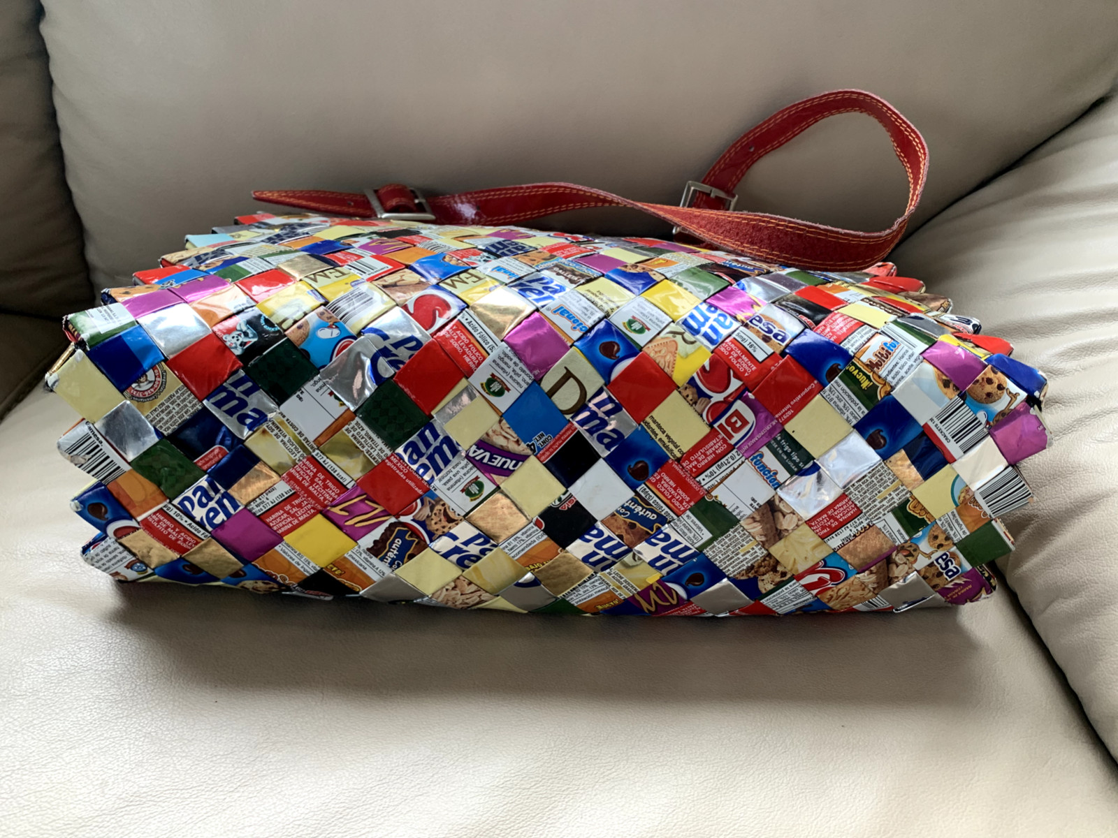 Nahui Ollin Large Purse with Strap Recycled Cookie Wrappers Unique One-of-a-Kind