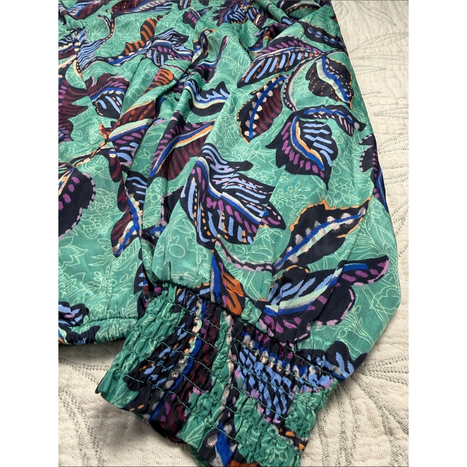 Women Boho tropical Leaf Print Cropped Blouse balloon sleeve Smoked Hem Top;PS