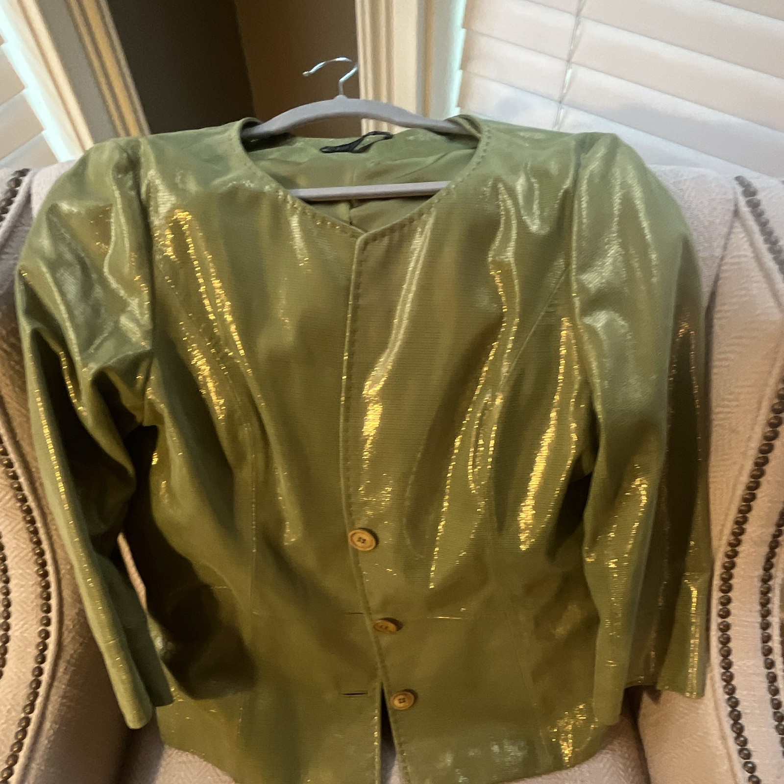 Lafayette 148 Women’s Green Metallic Leather Button Front Short Jacket Size 12