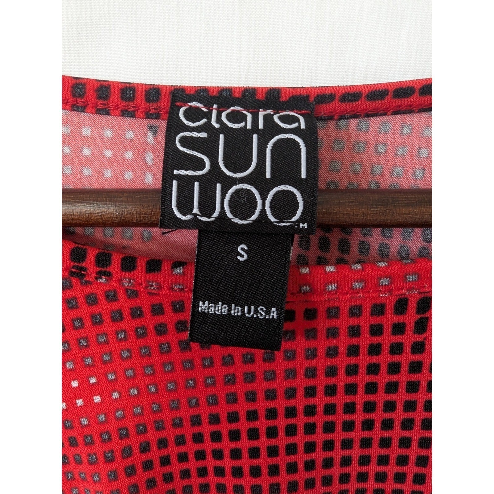 Ciara Sun Woo Red Black Geometric Print Tie Front Blouse Size S No Tuck Top