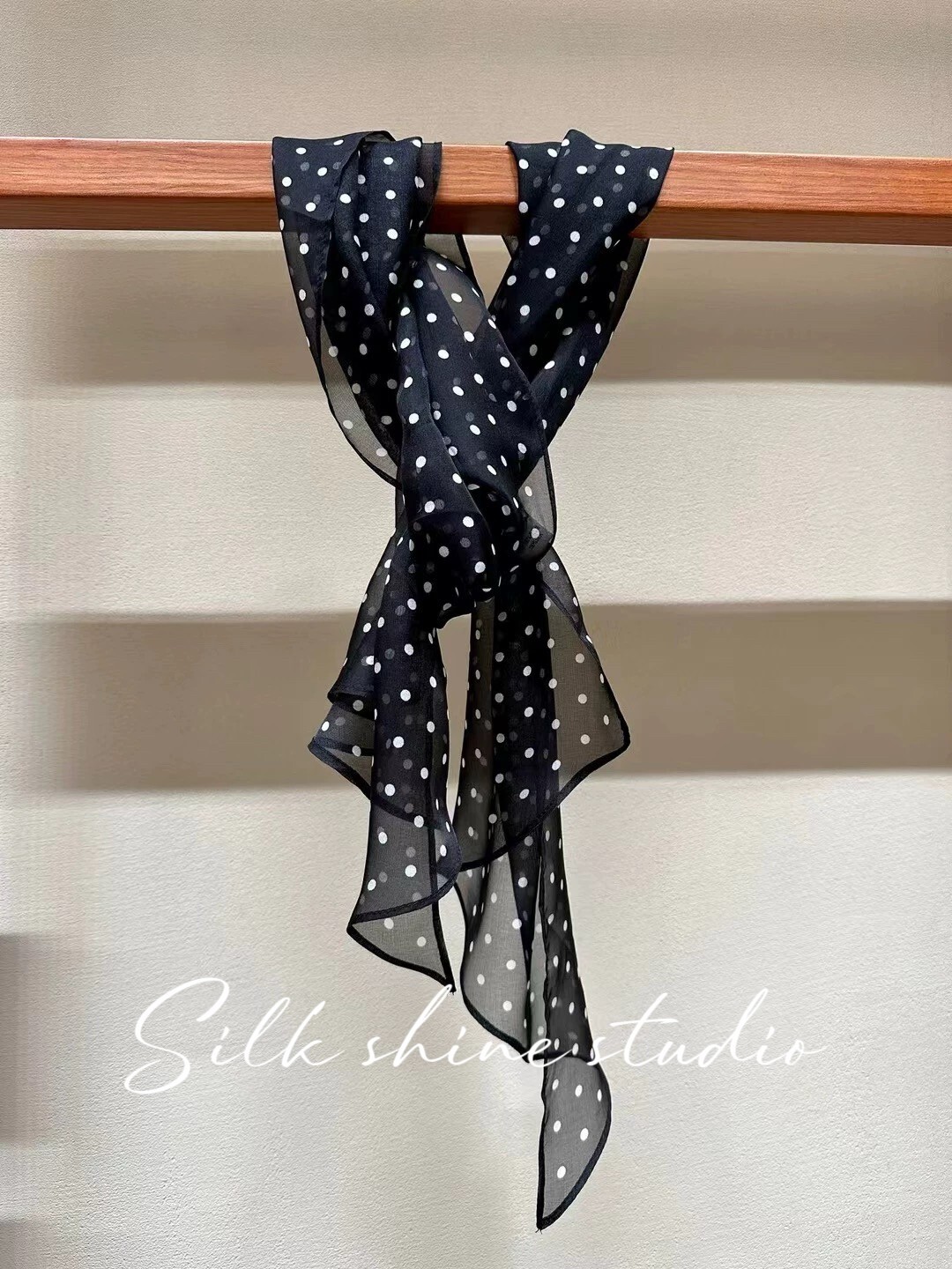 Chic Black & White Polka Dot 100% Silk Scarf -Lightweight 63″x12″ Oblong Summer
