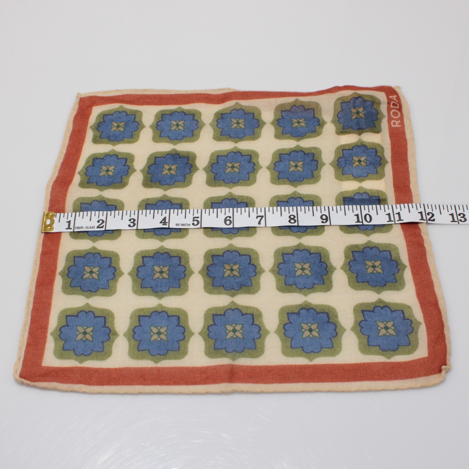 Roda NWT 100% Wool Pocket Square Orange / Ivory / Blue / Green Geometric Print