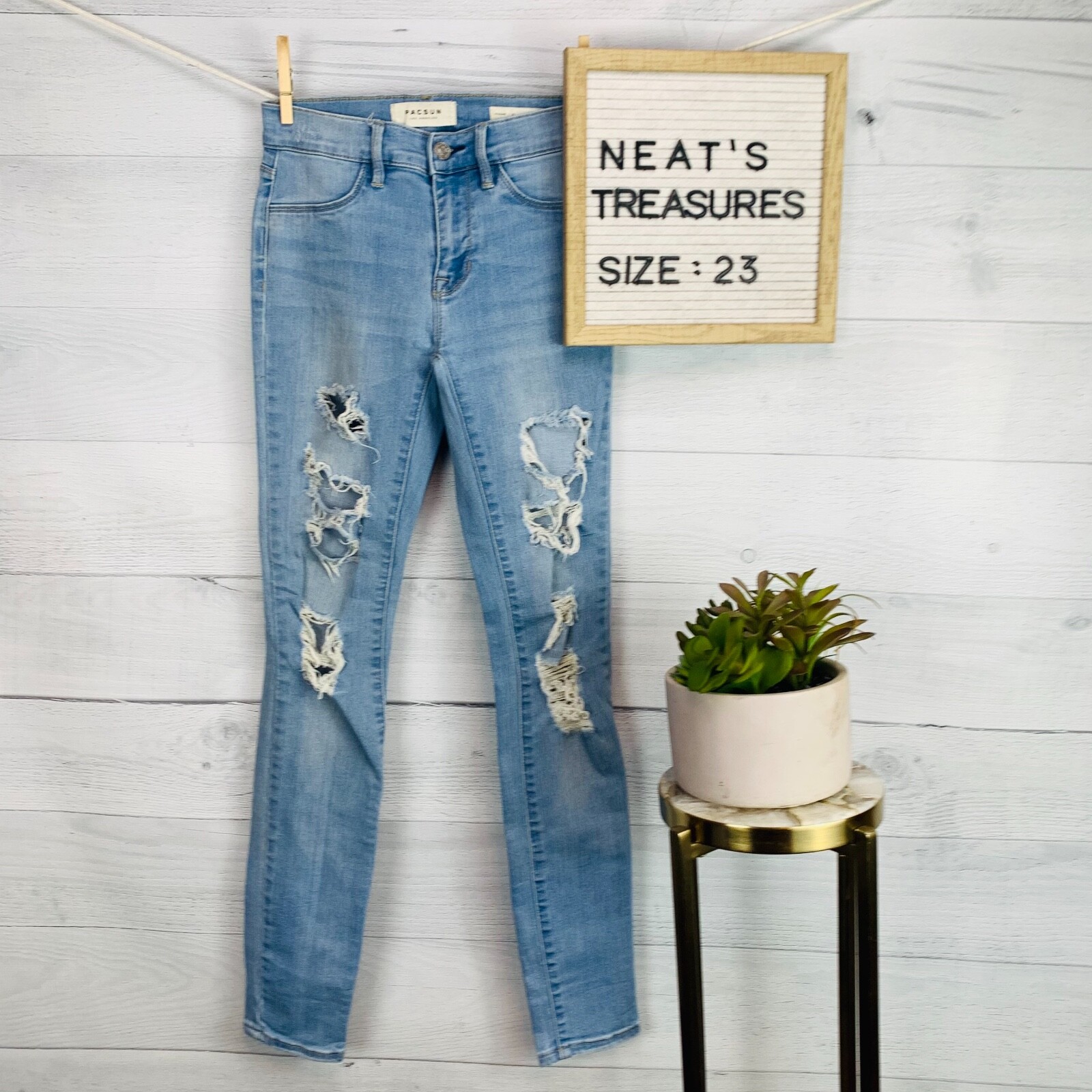 Pacsun Women SUPER STRECTH JEGGING Distress Destroyed Denim Blue Jeans Sz 23