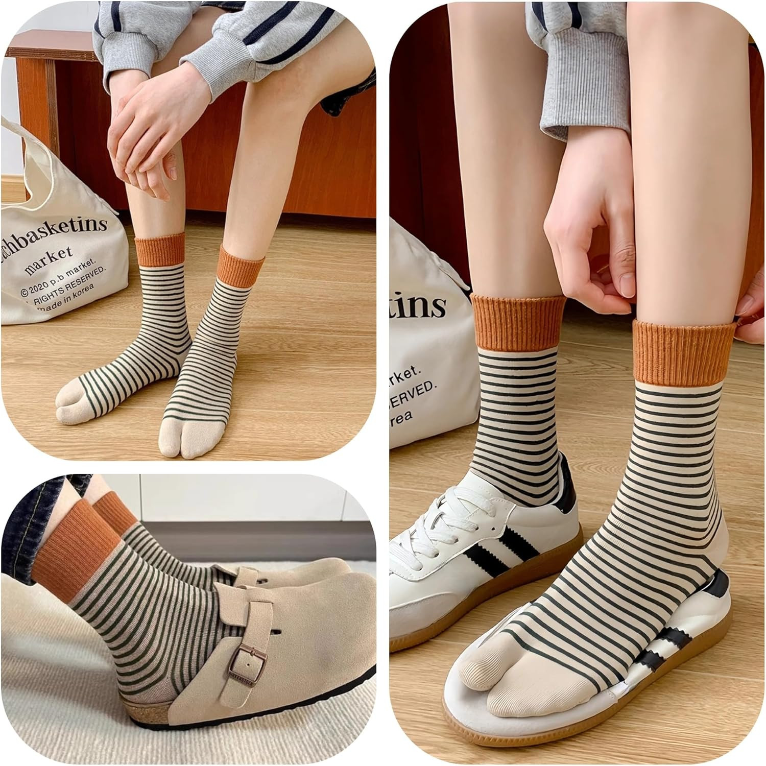 5 Pairs Colorful Striped Flip Flops Socks for Women Cotton Casual Tabi Socks for
