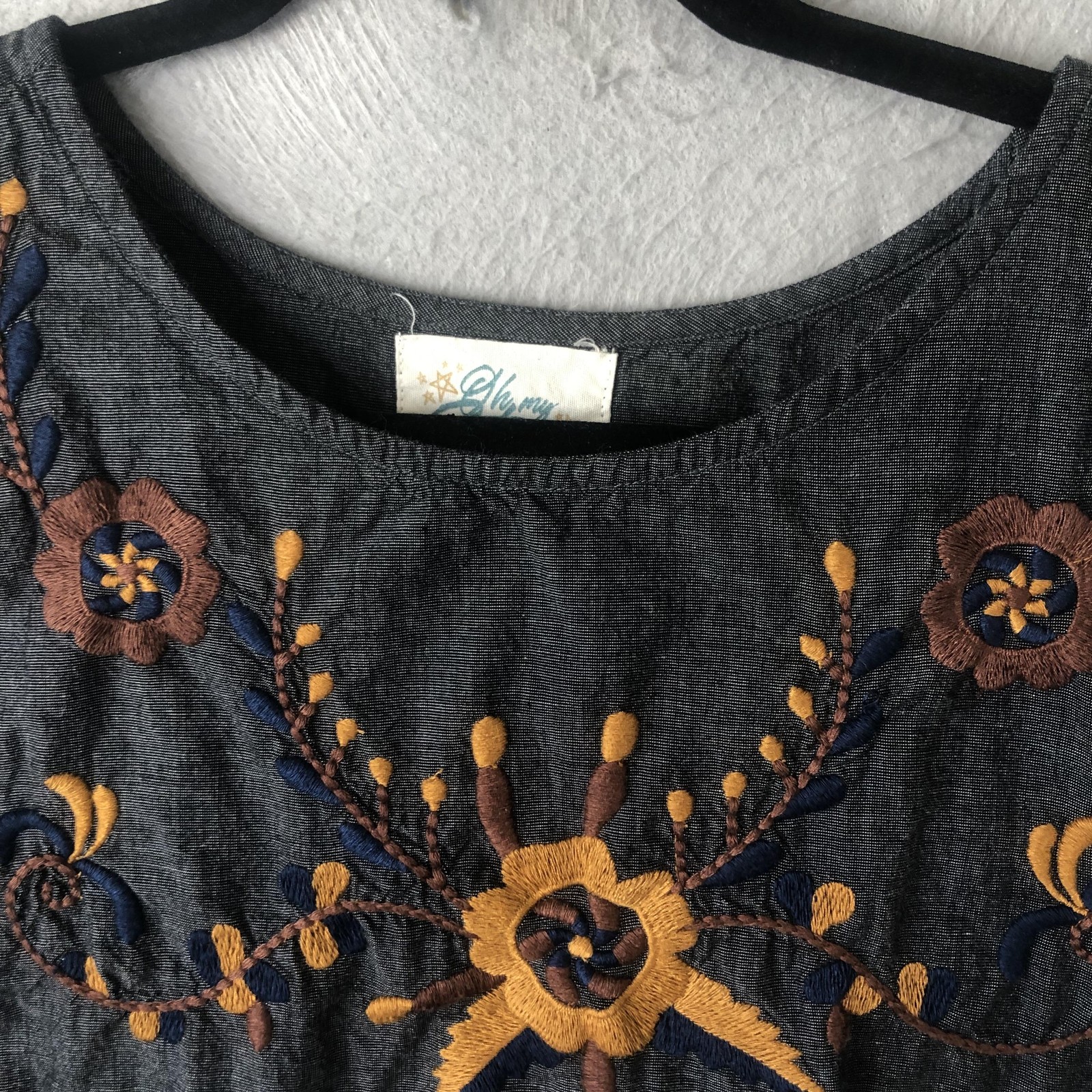 Celestial Top Womens XL Blue Embroidered Puff Sleeve Boho Peasant Festival