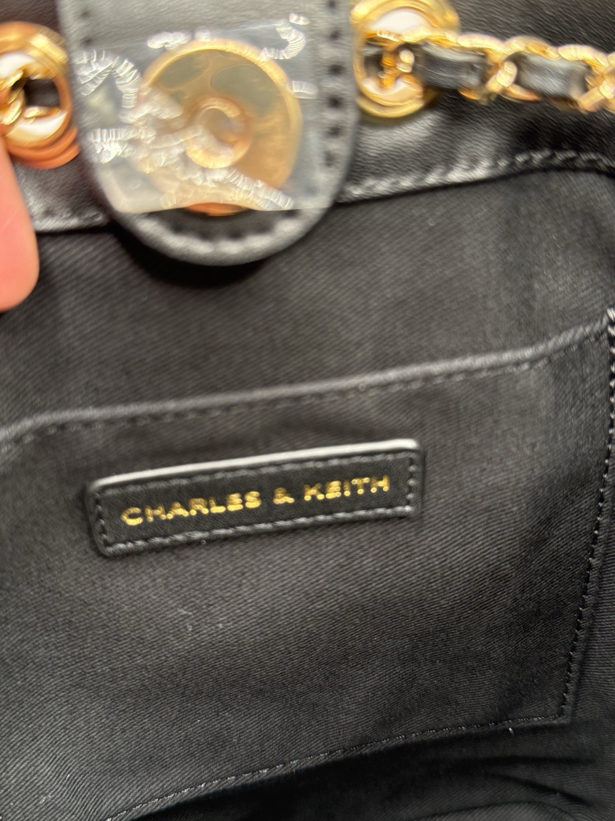 CHARLES & KEITH Black Quilted Small Bucket Drawstring Crossbody Gold Chain