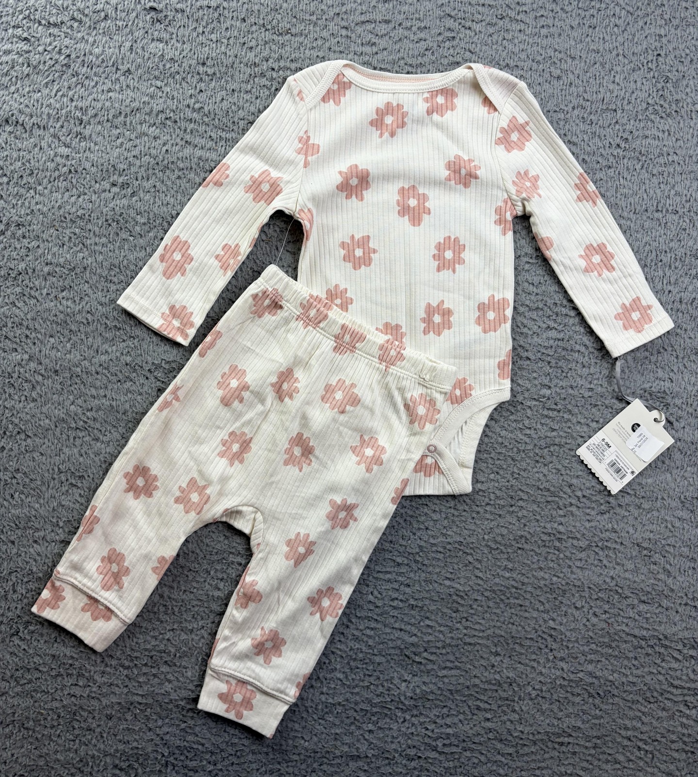 Cloud Island Baby Girls 6-9 Months White Floral Ribbed Bodysuit Pants Set 2pc