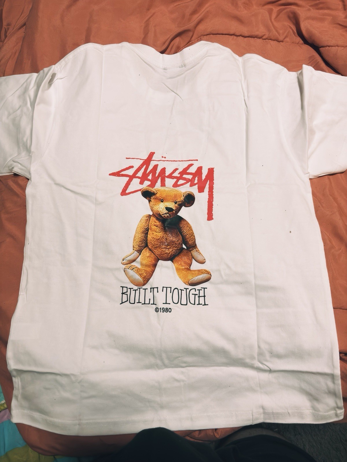 Stussy Men’s White Built Tough Teddy Bear Graphic Logo Crew Neck T-Shirt, M