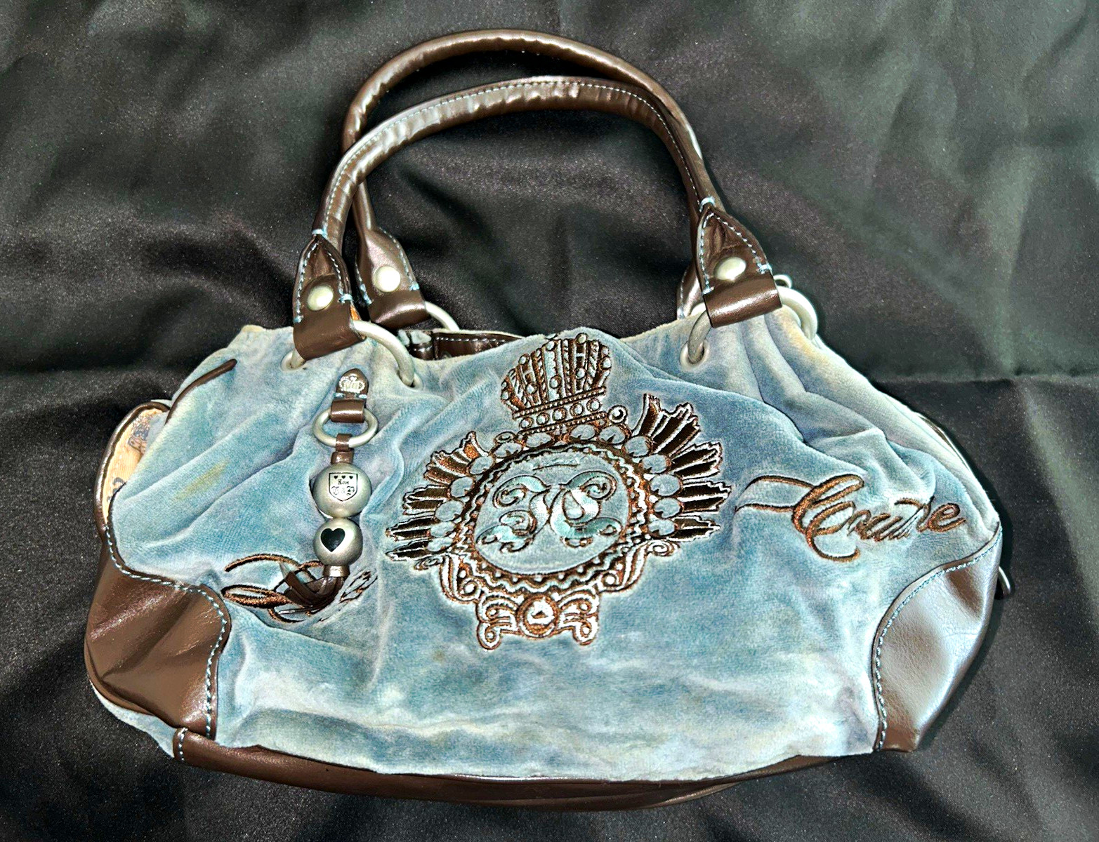 Juicy Couture Blue Shoulder Bag Crown Pattern Embroidered Beaded Zip Charm