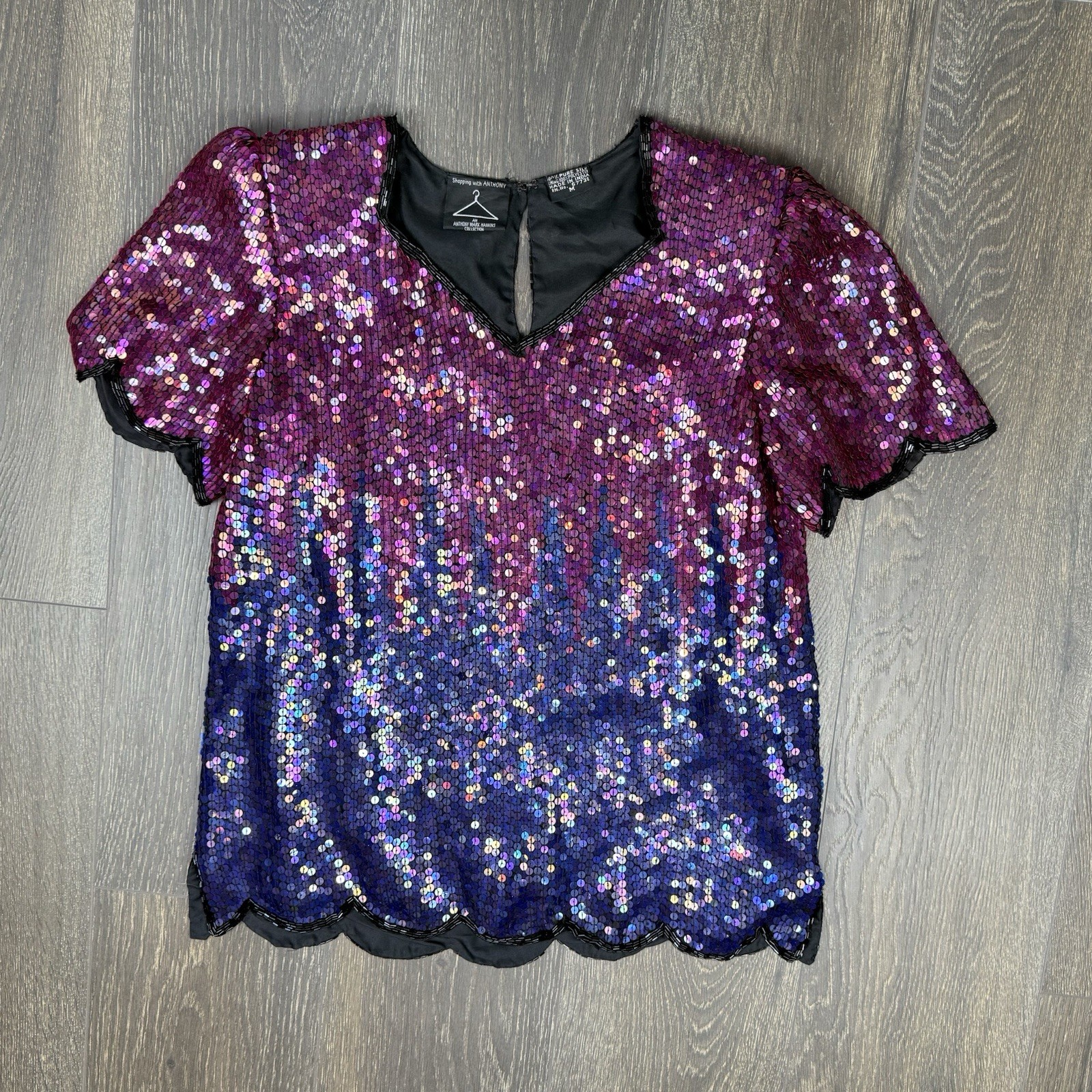 Purple Ombre Women Sequin Silk Blouse Size Medium