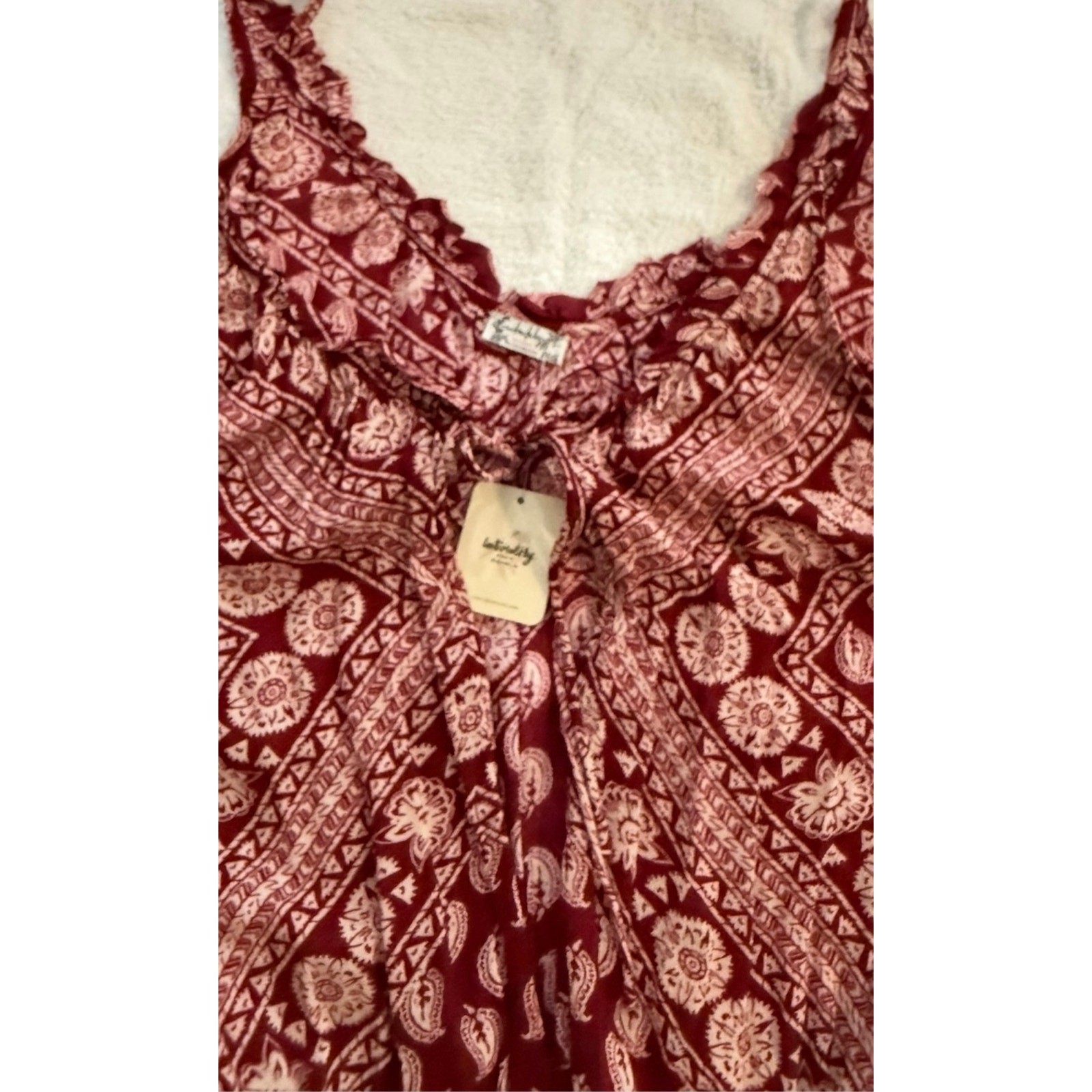 Free People Intimately Bordeaux/Wine Paisley Plunge Tie Neck Bodysuit LARGE NWT