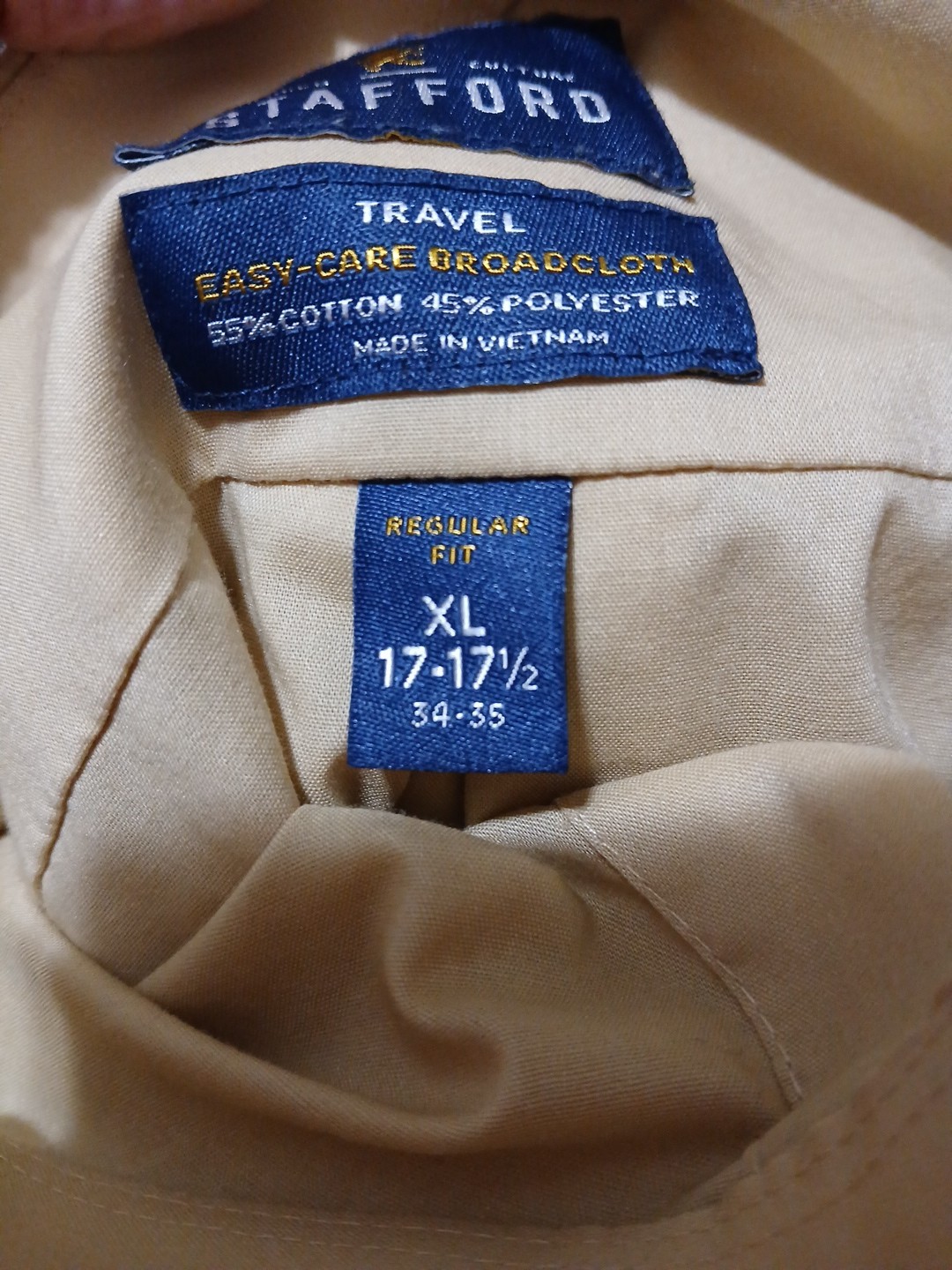 STAFFORD Travel Easy-care Broadcloth Beige Dress Shirt Regular Fit XL 17-17.5