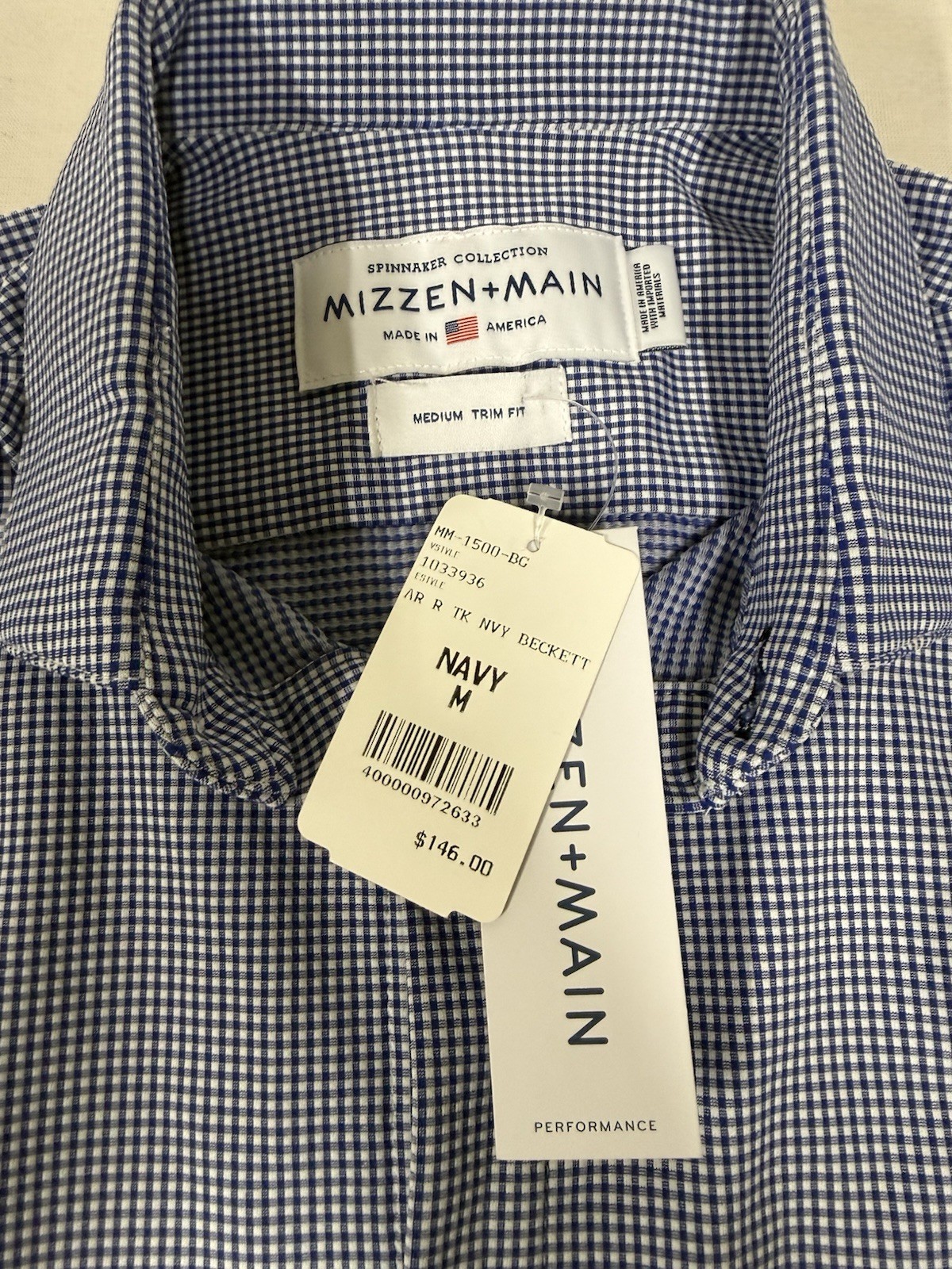 NWT Mizzen+Main Shirt Spinnaker Performance Trim Dress Mens M Blue Geo AOP 64