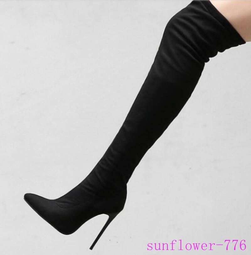Womens Over Knee Thigh Boots High Stiletto Heel Pointy Toe Stretchy Shoes Plus