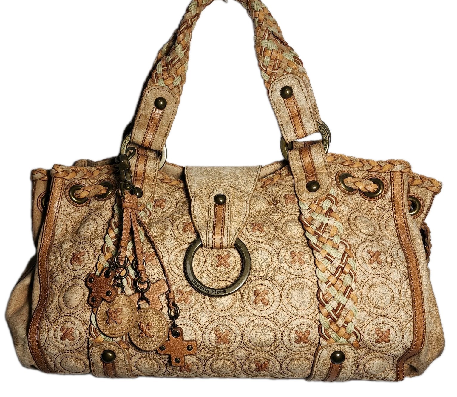 ISABELLA FIORE KISSES AND HUGS EMBROIDERED X’S AND O’S LARGE LEATHER HANDBAG$739