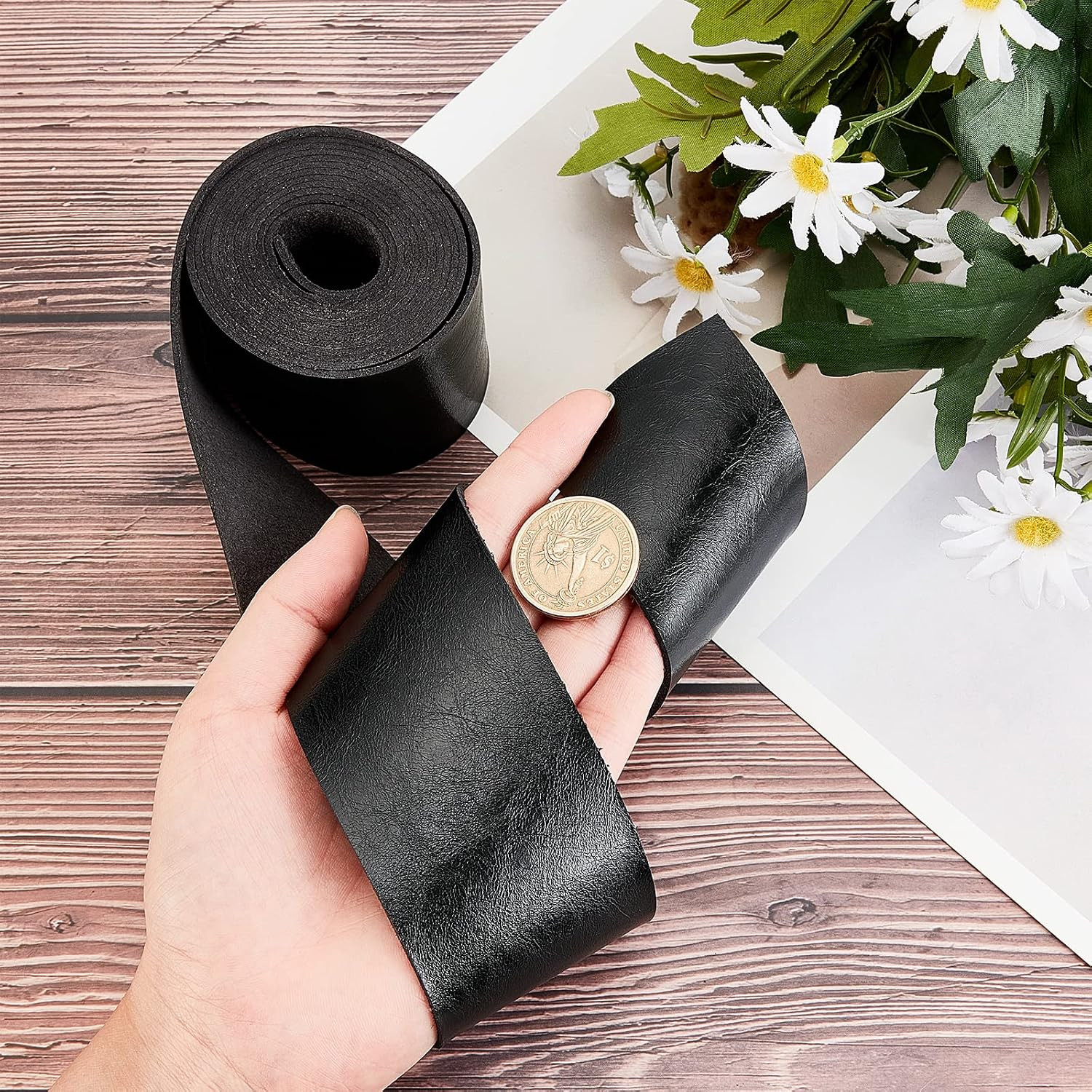 Black Leather Strap 2 Inch Wide 78 Inch Long Single Flat Cord Sided Lychee Patte