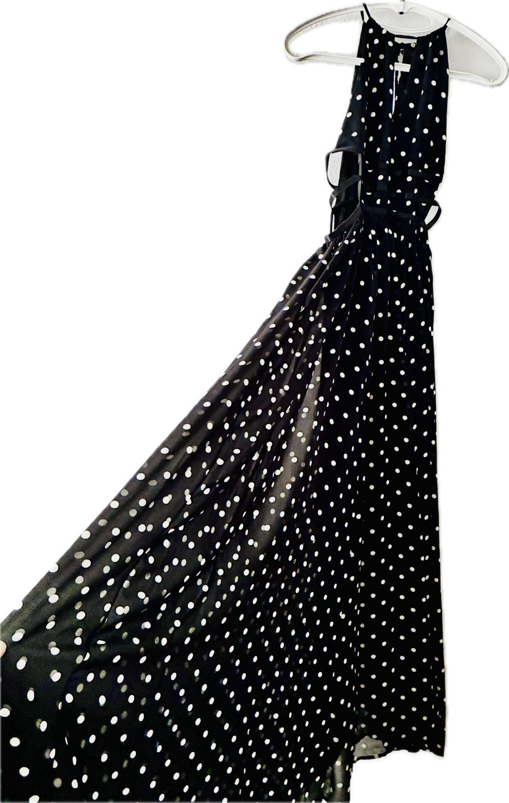 ASH NOVA Womens M Black/White Polka Dot Halter Maxi Chiffon Lined 3015D