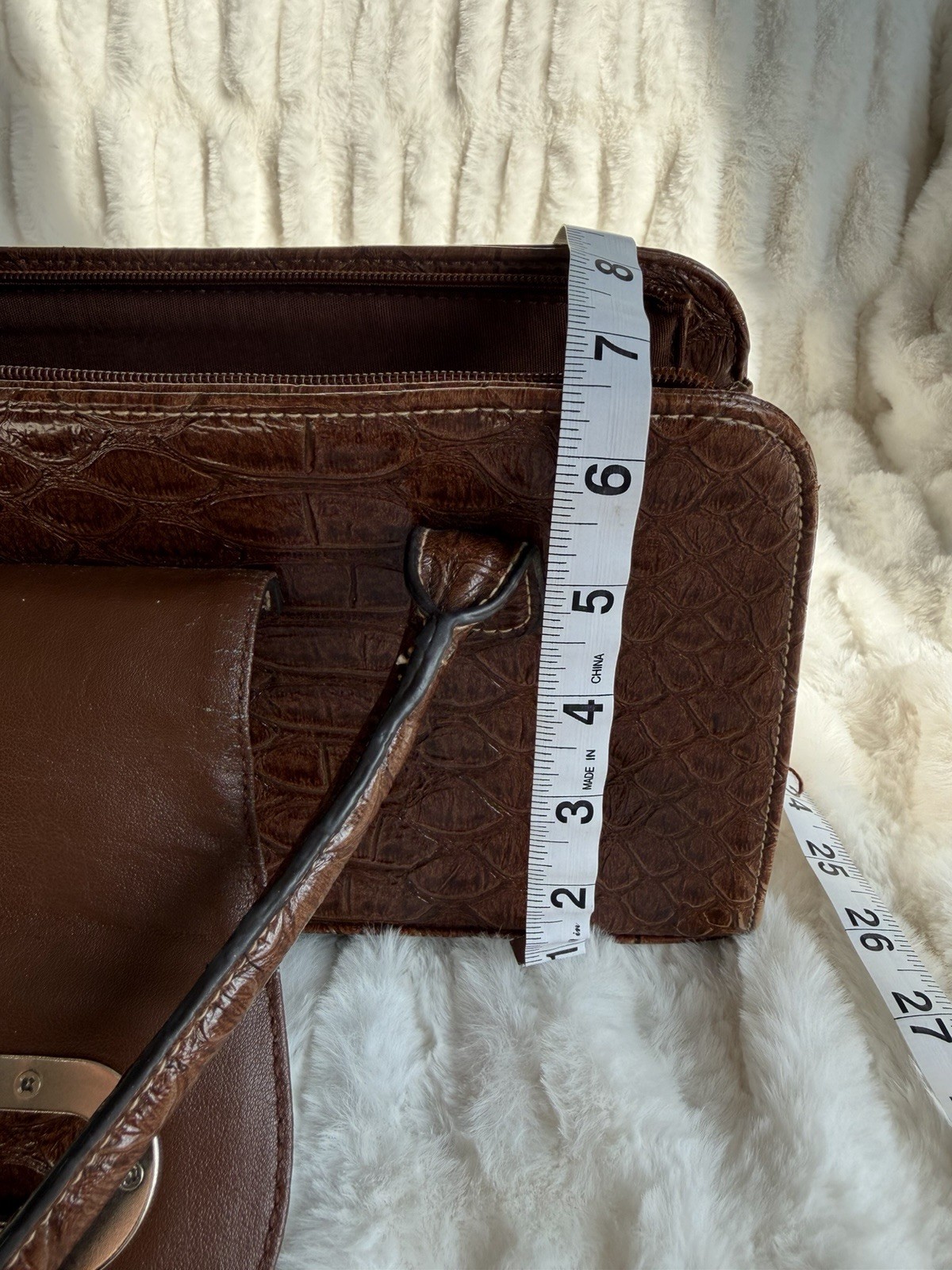 Brown Embossed Shoulder Bag Double Handles Buckle Strap Accents Magnetic Zip