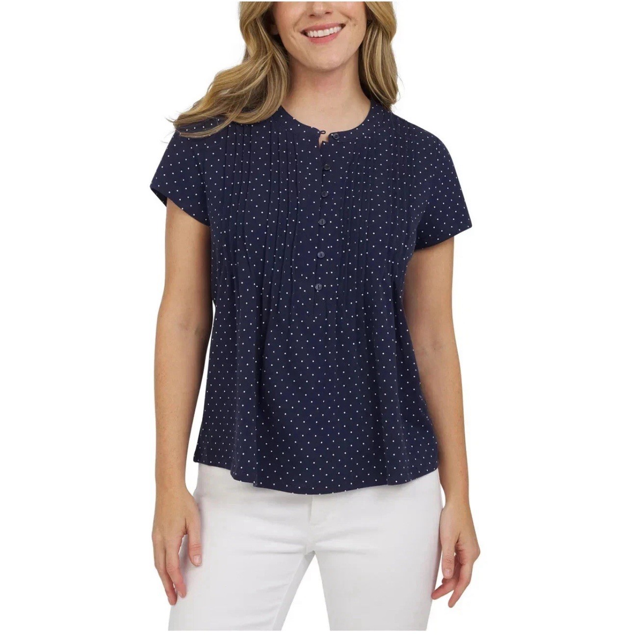 Lands’ End Women’s Short Sleeve Pintuck Blouse, Navy, Size XXL. BZ