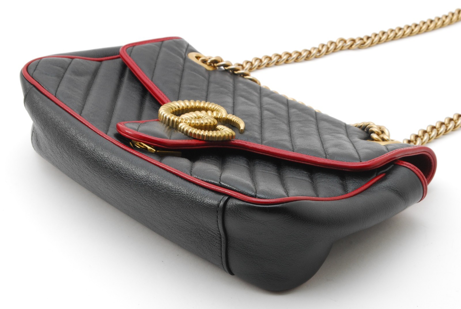 Gucci GG Marmont Shoulder Bag Black Red Trim Chain 443497