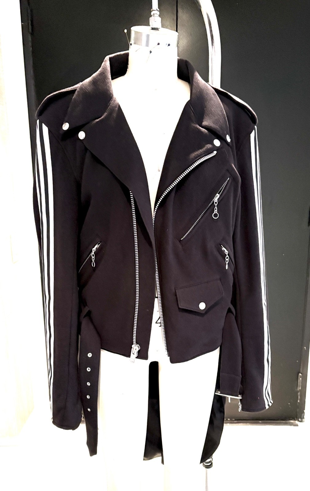 Jeremy Scott Adidas Biker Jacket Medium Black Moto Zip Stripe Rare Designer