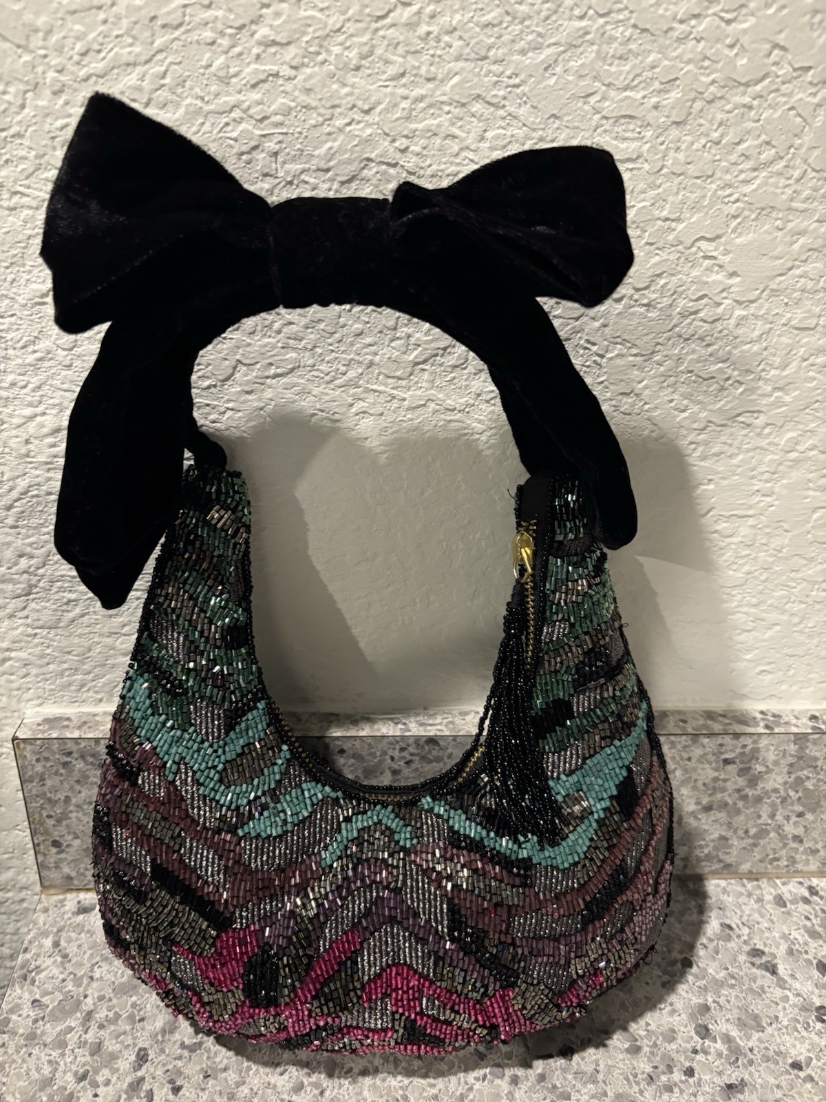 Beaded Shoulder Bag With Bow, Pink, Blue Purple Black ￼