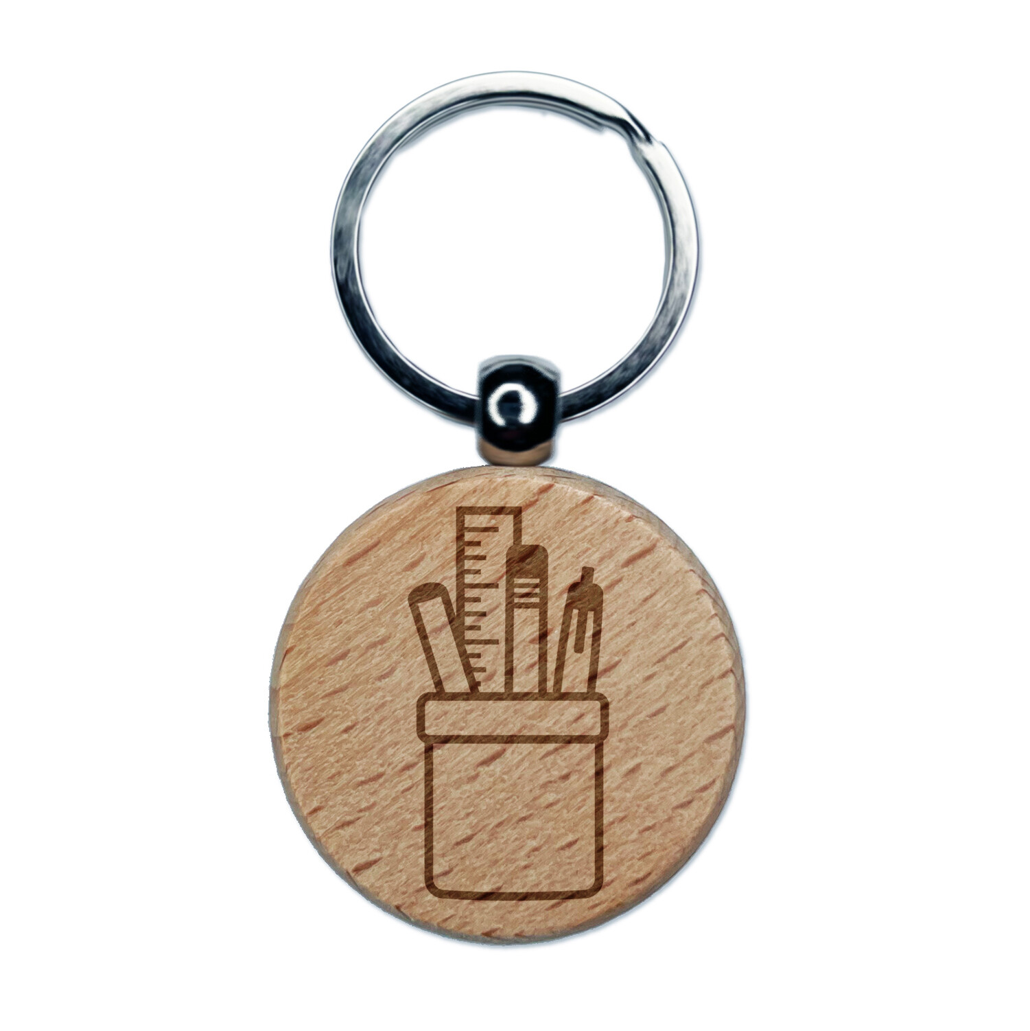 Office School Pen Pencil Holder Engraved Wood Round Keychain Tag Charm
