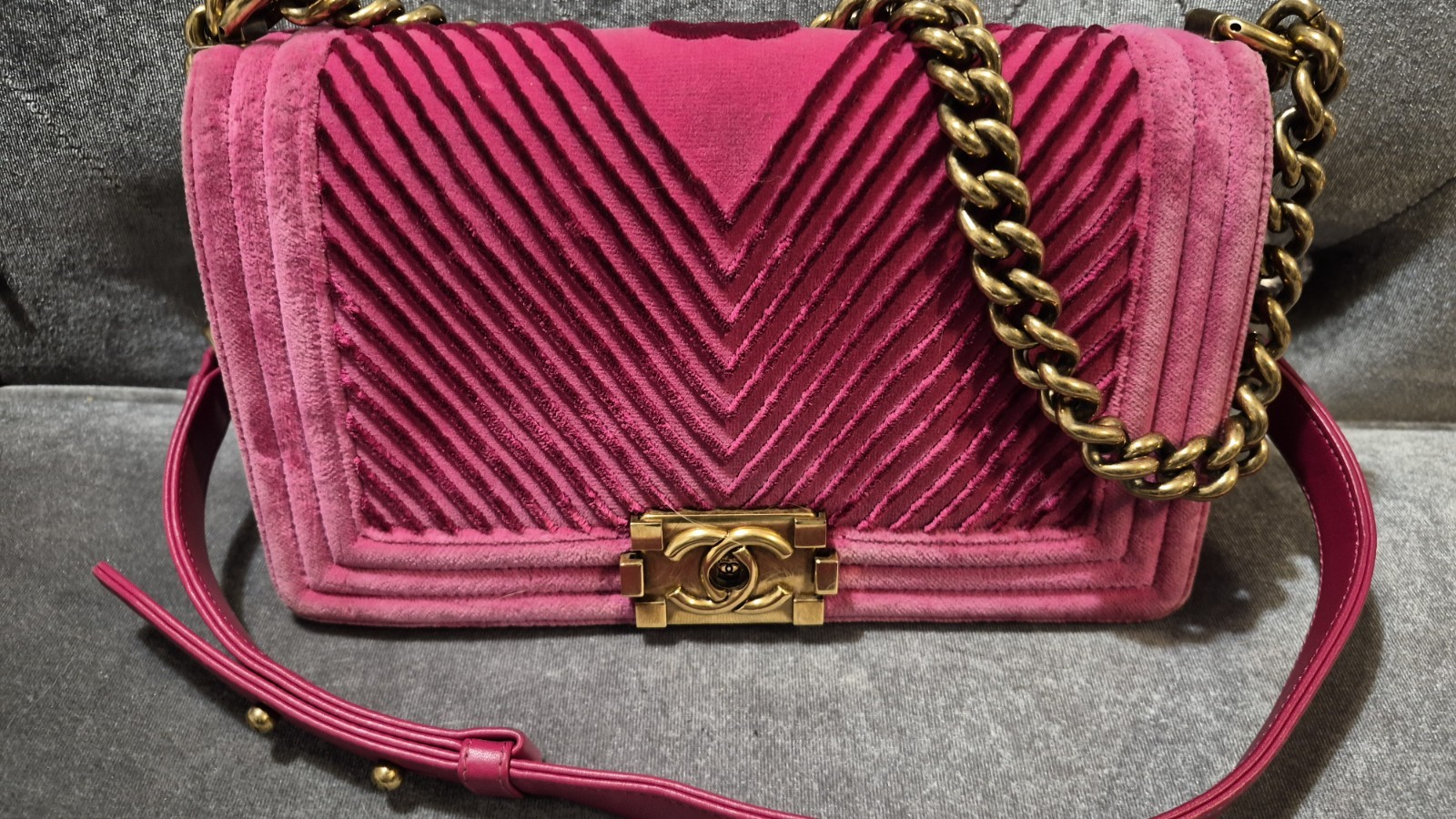 CHANEL Paris-Cosmopolite Chevron Pink Velvet Boy Bag Purse Gold Chain Strap, COA