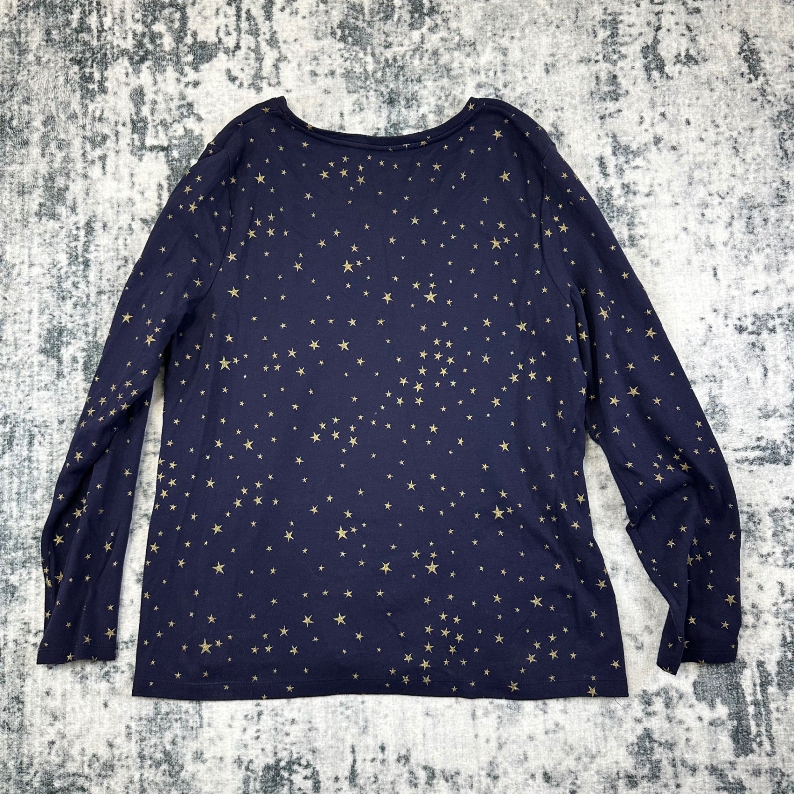 Croft & Barrow Long Sleeve Tee Womens L Navy Gold Star Print Classic Cotton Top