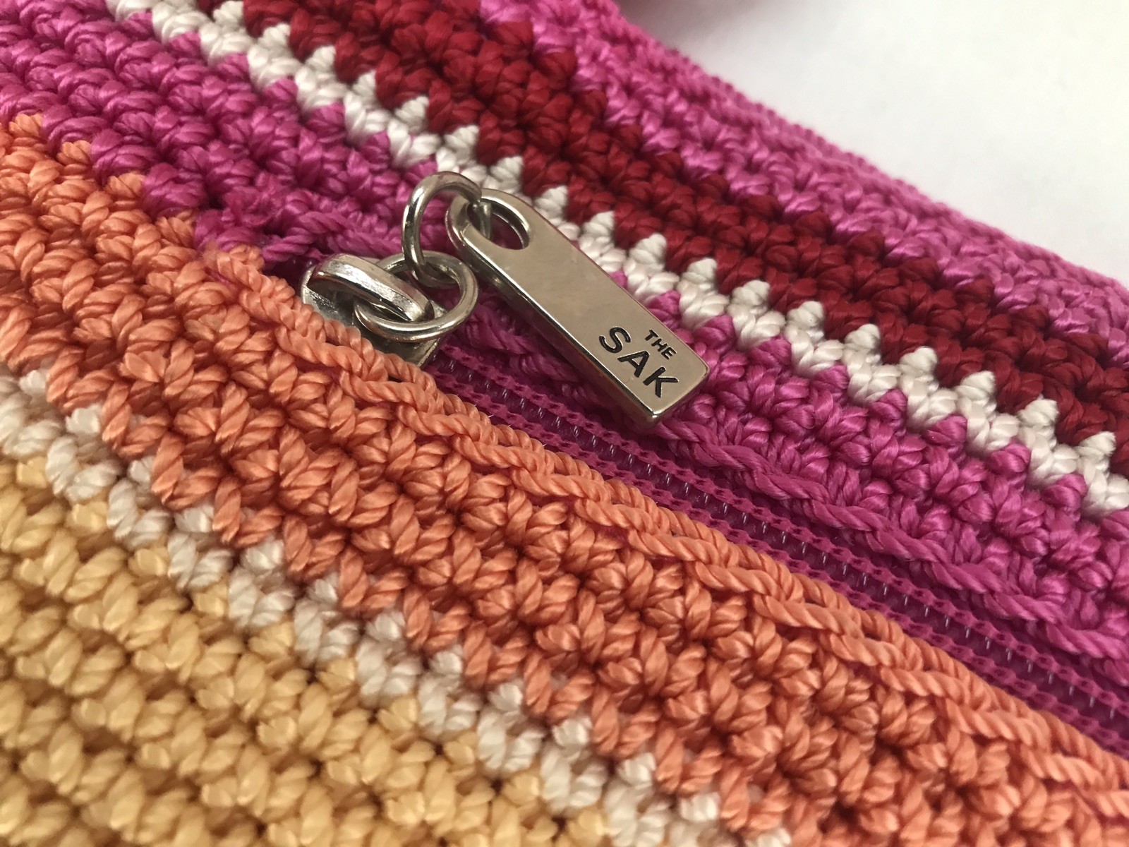 The SAK Crocheted Pink/Multicolor Rainbow Stripe Purse Handbag -New without Tags
