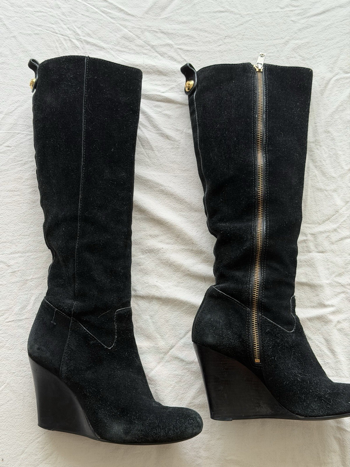 Tory Burch Women’s Black Suede Knee High Wedge Boots Round Toe Zip 8
