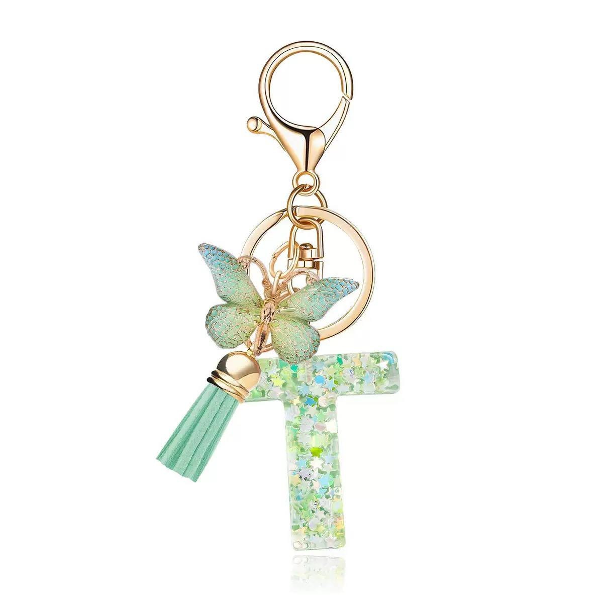 T Letter Green Butterfly Resin Bag Charm Keychain Gift 12cm