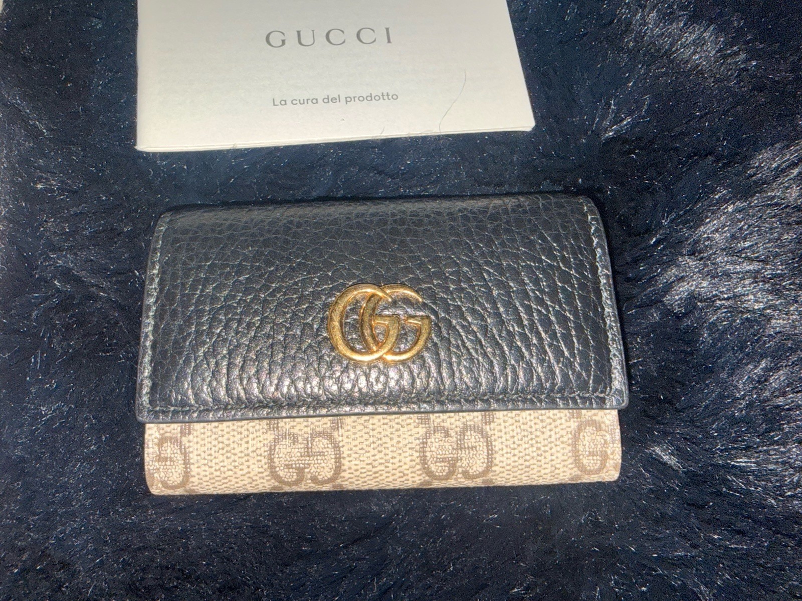 Gucci GG Marmont Key Holder Wallet Black Leather Canvas Gold HW Box