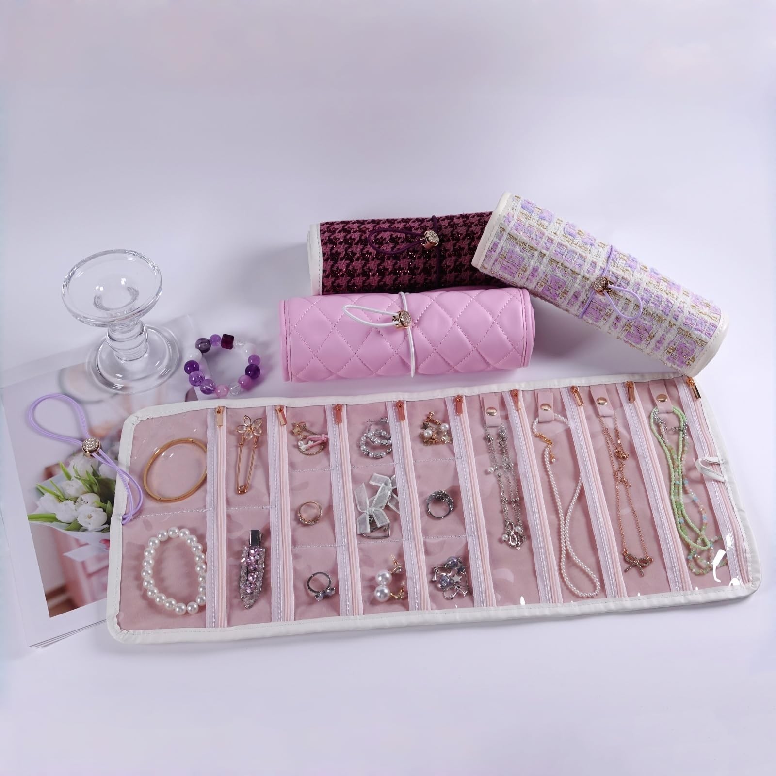 Travel Jewelry Organizer Roll with Zippered Pockets,Hangable | Tangle-Free Po…