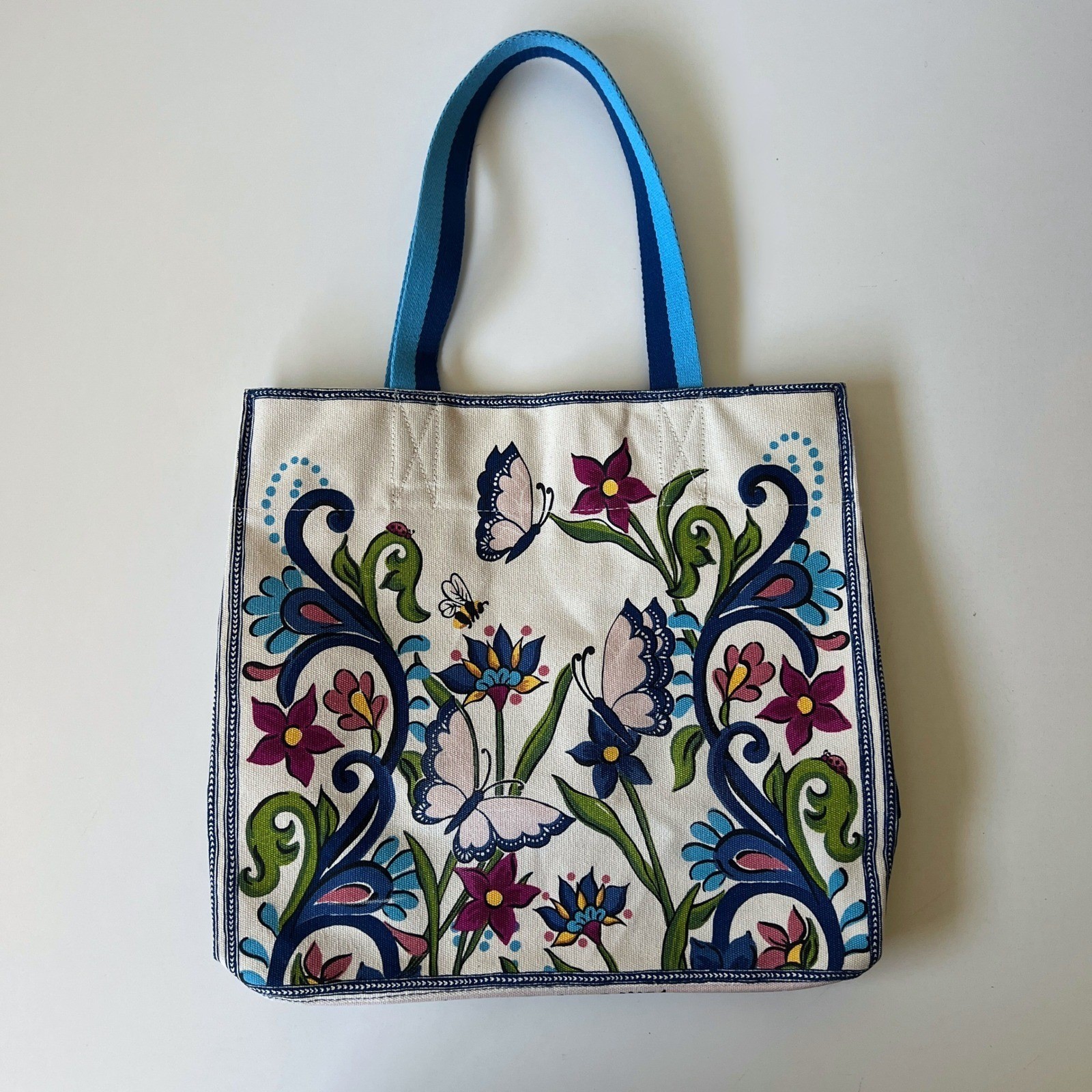 Brighton Butterfly Floral Canvas Tote Bag Blue Pink Large Shoulder Bag
