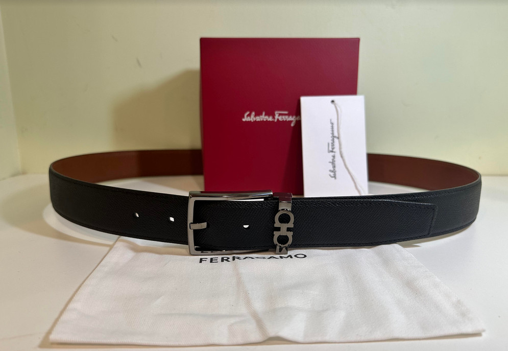 ADJUSTABLE REVERSIBLE RADICA/NERO LEATHER SALVATORE FERRAGAMO BELT GUNMETAL BUCK