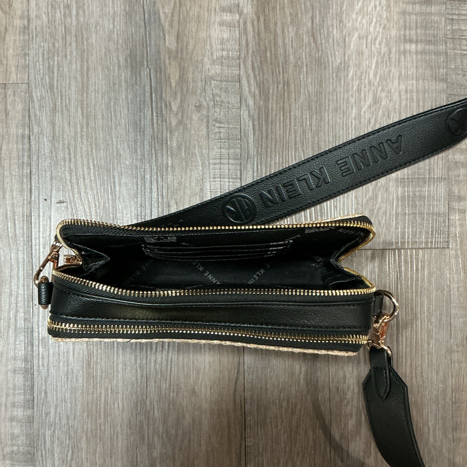 Anne Klein Woven Black/Beige Crossbody Bag Double Zip, Detachable Strap