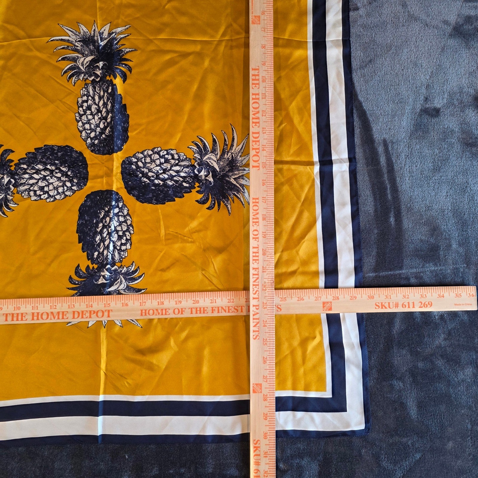 Ann Taylor Silk Scarf Yellow Navy Blue Pineapple Print Square Nautical Border