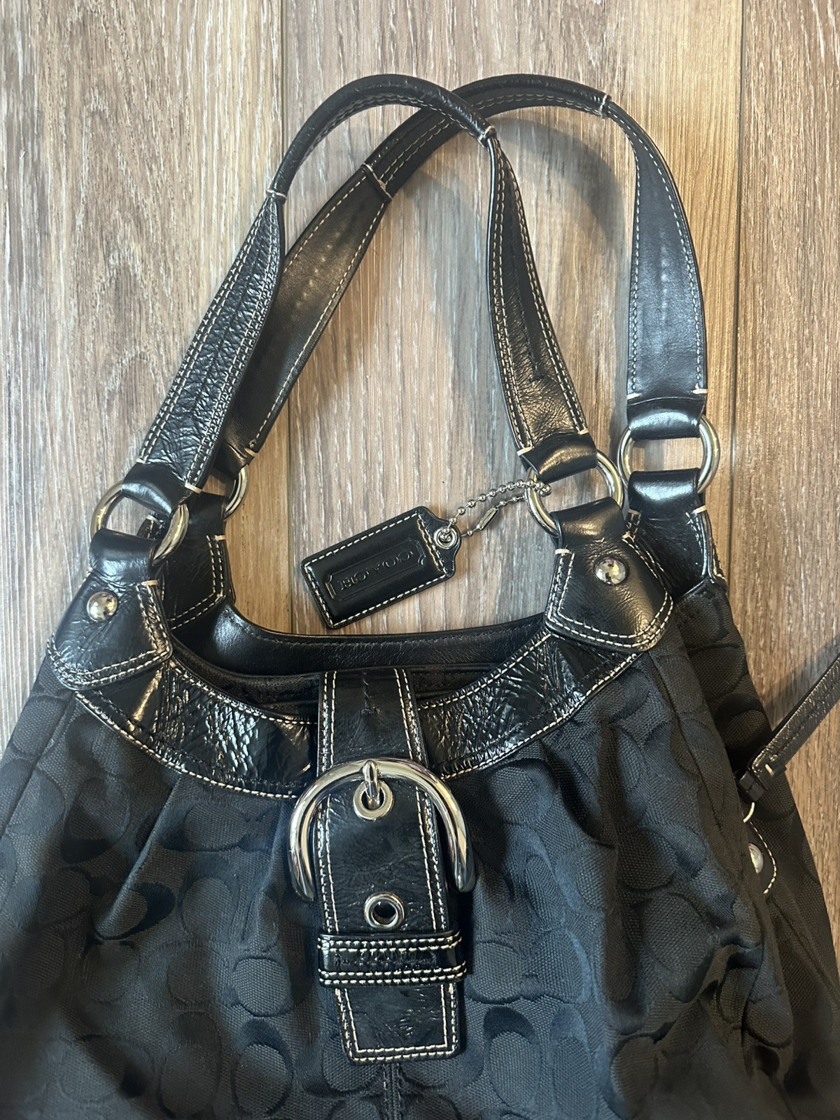 Coach Soho Lynn shoulder bag, black signature jacquard fabric black leather trim