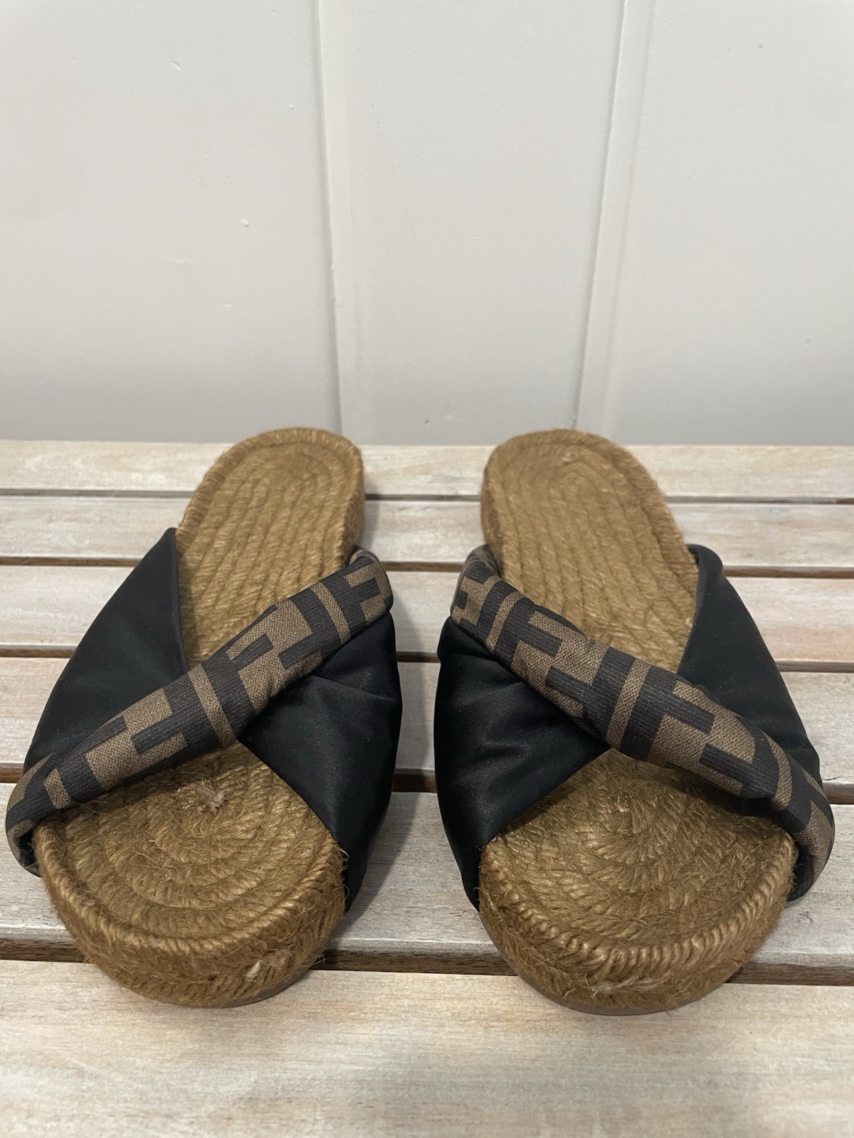 Fendi Womens FF Logo Slide Sandals Satin Black/Brown EU 37.5 US 7.5 NWD