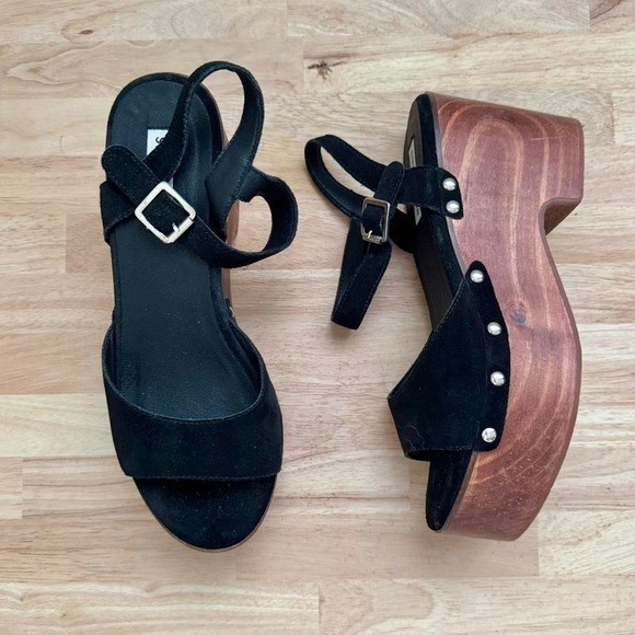 Steve Madden Black Suede Wooden Size 10 clog y2k 70s boho sandal stud platform