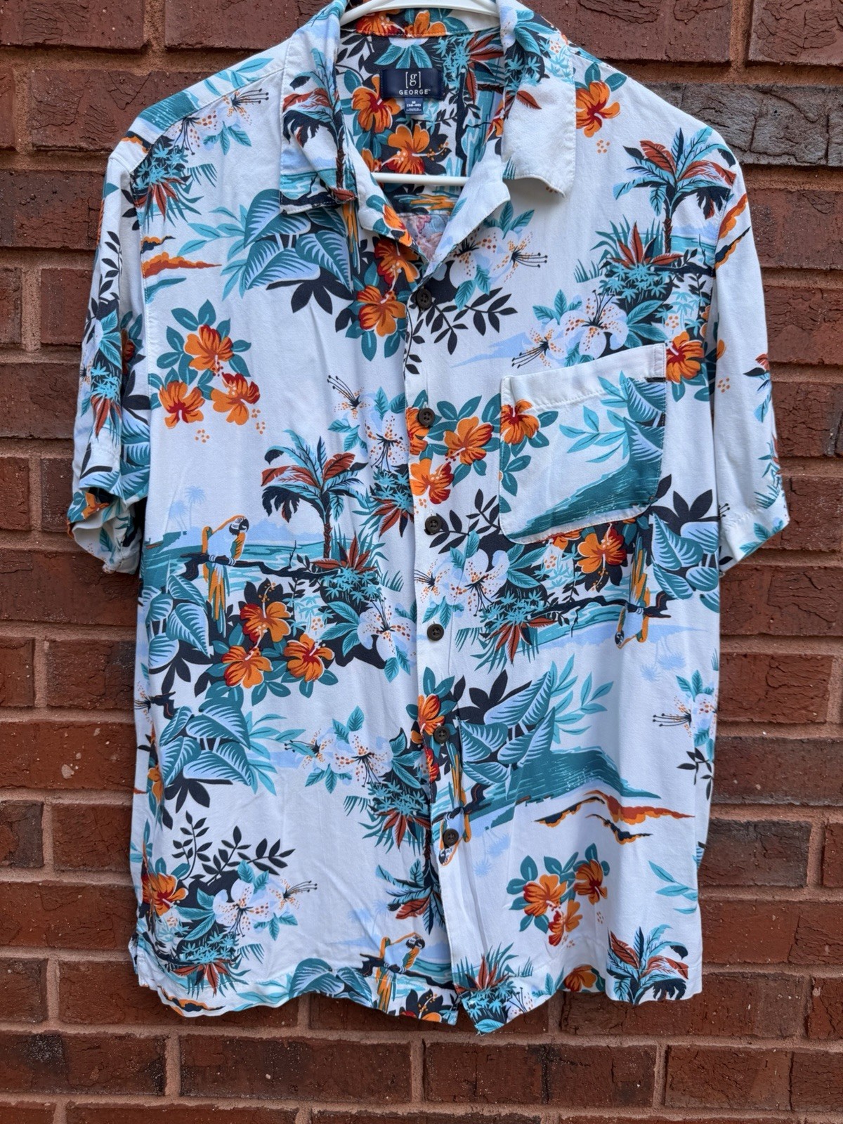 George Hawaiian Tropical Floral Aloha Shirt – Orange, Teal Size M~ Excellent